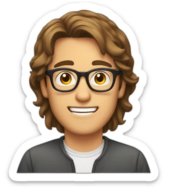 2d sticker emoji of a 20 year old guy, brown hair, happy expression, reading glasses sticker