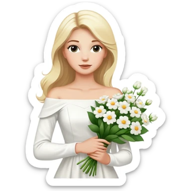 blonde woman in a white off-shoulder dress with long sleeves and a bouquet of white flowers in a white bag in her right hand sticker