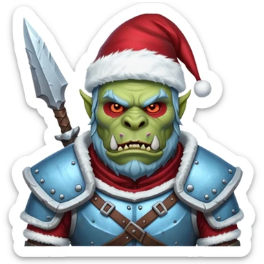 
Fantasy Christmas orc legion soldier icon, iron tundra army theme, heavy winter armor, disciplined brutal look, icy blue steel armor with deep crimson accents, frozen metal texture, cold winter atmosphere, male variant sticker