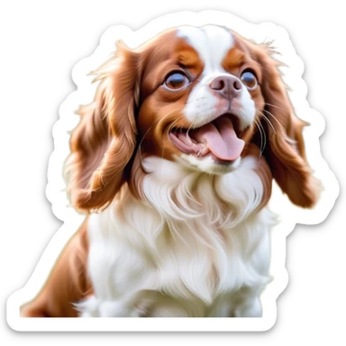 Cinematic Cute Yawning Blenheim Cavalier King Charles Spaniel Portrait Emoji, Head tilted slightly with a dramatic, wide-open yawn, soft Blenheim coat with delicate chestnut and white markings, floppy ears slightly drooping, round brown eyes barely open in drowsy contentment, Simplified yet irresistibly adorable features, highly detailed, glowing with a soft, cozy glow, high shine, relaxed yet expressive, stylized with a touch of whimsy, bright and endearing, soft glowing outline, capturing the essence of a sleepy yet affectionate companion, so drowsy it feels like it could stretch right out of the screen and curl up for a nap! sticker