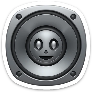 Minimal emoji icon of a modern metallic speaker, front view, detailed geometry, dark metallic body, subtle highlights, isolated sticker