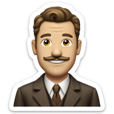 A man that looks like a 1930s spiv and a little moustache brown hair suit with garlic sticker