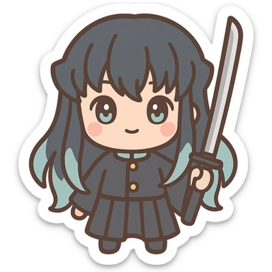 Muichiro Tokito from Demon Slayer, chibi style, holding a sword, cute expression sticker