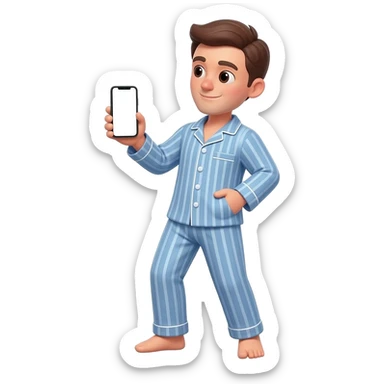guy in pajamas standing holding up his phone up high and in front of him to show the camera his entire body. have him at a slight angle and looking at the phone. holding the phone vertically. holding it as  high up as he can and angled dwon to point at him sticker