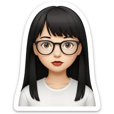 uma mulher snapchat icon, cor da pele normal, cabelo preto liso solto grande com franja, óculos pretos, com piercing na boca e nariz, olhos castanhos, camisa branca sticker