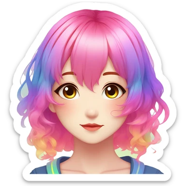 Gorgeous anime style shojo character with blushing face aesthetic and pretty colorful shiny gradient neon rainbow hair with hair garment trending style sticker