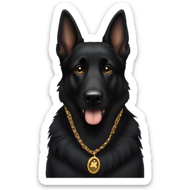 A black German shepherd dog with a gold chain sticker