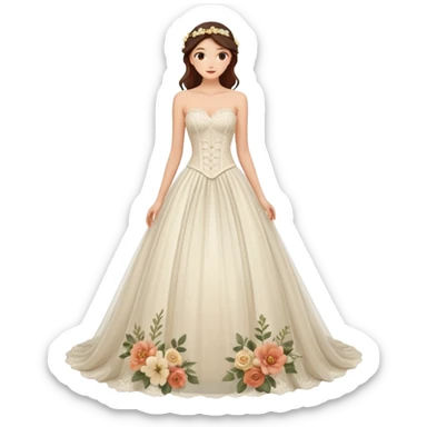 A romantic strapless A-line wedding gown with a sheer lace corset bodice and flowing floral applique skirt. sticker