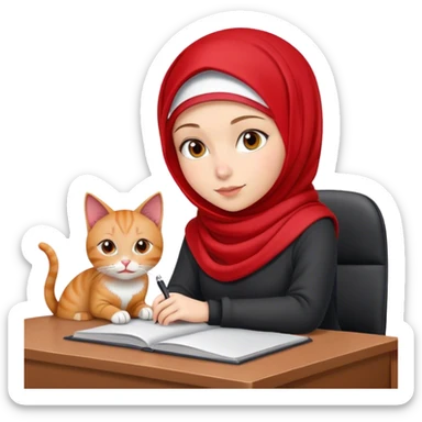 girl with red hijab. she's at a desk with a cat sitting on it sticker