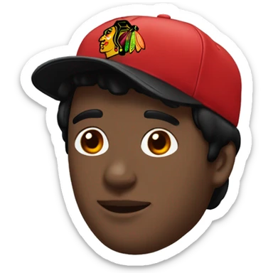 Man with black hair and go tee wearing a Chicago blackhawks hat sticker