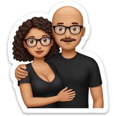 A picture of an embracing tanned couple. the man is a Mexican man with tanned skin, with a bald hair cut, short beard and wearing a black shirt. the woman is short with long curly dark brown hair and with big boobs. Put glasses on the woman only.  sticker