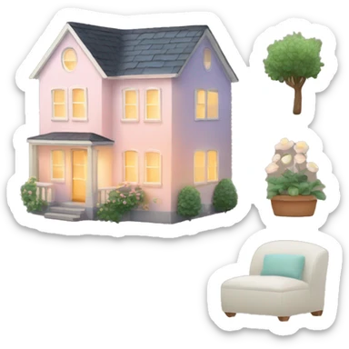 Create a small, cozy house emoji with glowing windows, a little garden, and a soft, pastel color palette to feel warm and welcoming. sticker