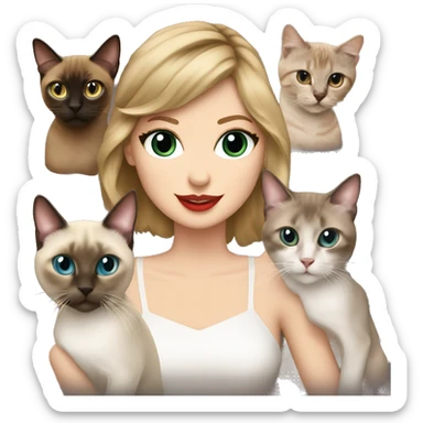 taylor swift with three cats (a black, a chocolate-point siamese, and a tabby-point siamese) sticker