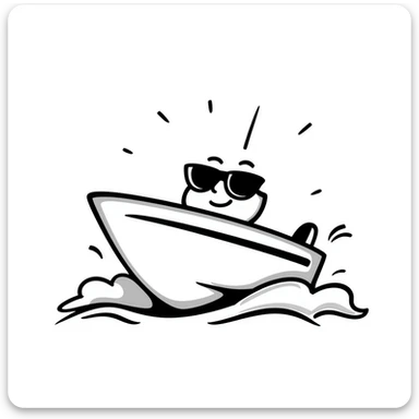 A hand-drawn speedboat with sunglasses and a cool grinning face sticker