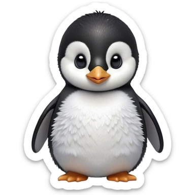 Cinematic Noble Baby Penguin Portrait Emoji, Poised with an air of innocent regality, featuring soft, downy feathers in crisp black and white and wide, soulful eyes, Simplified yet sharp and sophisticated features, highly detailed, glowing with a gentle, dignified polar glow, high shine, intelligent and charming, stylized with an air of cherubic majesty, focused and attentive, soft glowing outline, capturing the essence of a tiny arctic noble that feels as though it could waddle out of the screen with effortless authority! sticker