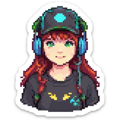 cool gamer girl with headphones and a cap, pixel art style, retro gaming vibe sticker