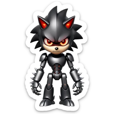 Angry robotic Shadow the Hedgehog with black metal body, red glowing eyes, chrome highlights, and robotic arms crossed sticker