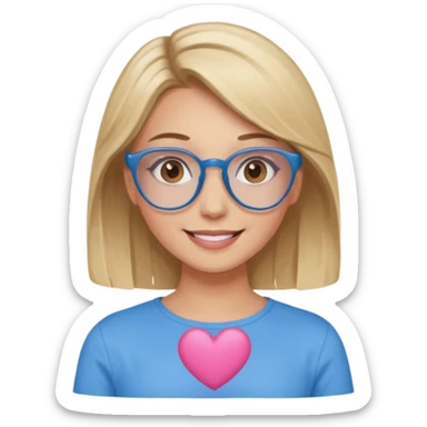 Asthectic pretty Blonde women brown eyes, blue glasses, wearing a brown top and smiling with a pink heart around her. sticker
