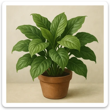 a lush leafy plant with broad leaves in a simple pot, general style sticker