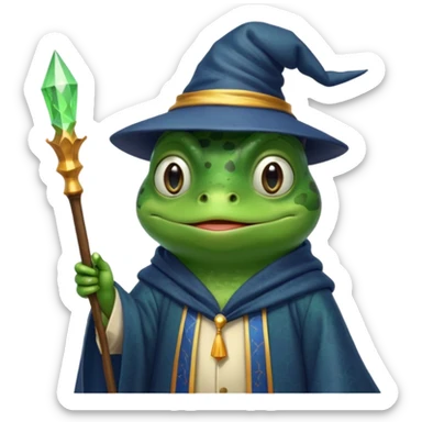A smart frog in a hat and robes holds a pointer and with a smart face points out the mistake sticker