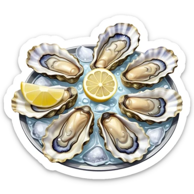 Cinematic fresh oysters on the half-shell, glistening with seawater, served with lemon wedges and ice, soft glowing highlights, elegant and luxurious. sticker