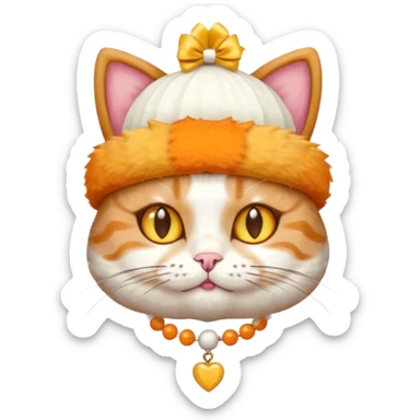 cat wearing a creamy cake hat with fun necklace around his neck and a yellow bow in the middle sticker