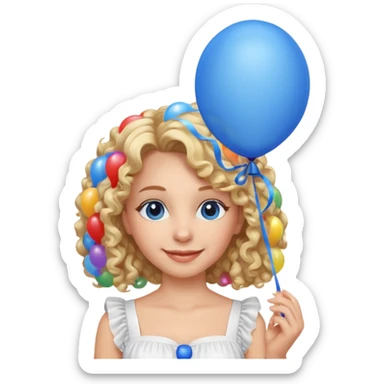 Woman curly long blonde with blue balloon, white dress sticker