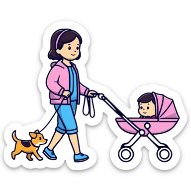 girl walking with a stroller and dog on a leash, bold lines sticker