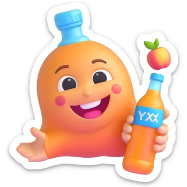 smiling emoji with blushing cheeks, cute begging face, holding a bottle labeled 'Syx Peach Ice', laughing, 3D emoji style sticker