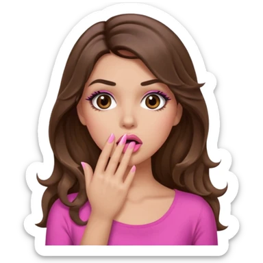girl with long wavy brown hair, brown eyes, long lashes makeup, sexy pink lips, light to medium complexion, pink sexy top, shocked, hand covering mouth sticker