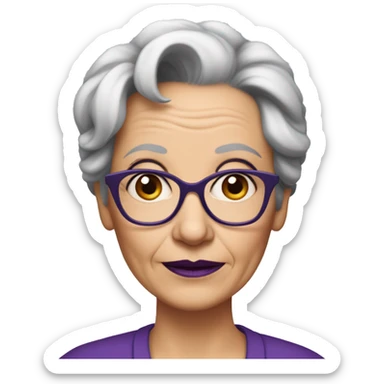 Older woman with wrinkles on the face, dark blue rectangular spectacles an darker eyebrows, purple lips and slightlyshorter hair sticker