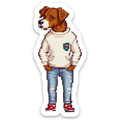 Brown dog standing upright with hands in jean pockets, wearing a white sweater and red shoes sticker