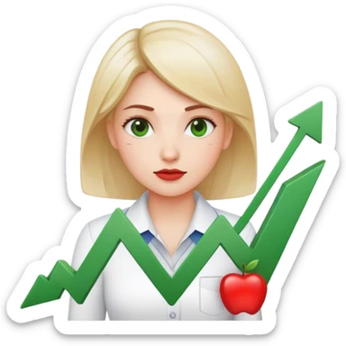 Female character displaying two small charts, green upward trending graph in right hand, red downward trending graph in left hand sticker
