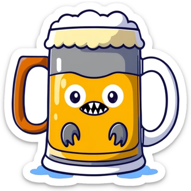 A wobbly beer tankard with monster eyes and sharp teeth like a mimic monster, overflowing with frothy beer sticker