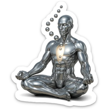 Add a glowing aura around the reflective chrome silhouette of the meditating person with open chest and spiral of spheres, keep the style highly metallic, no background. sticker