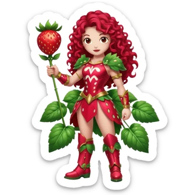 full body woman long curly brown hair brown eyes white skin tattoos muscular build dressed as strawberry spirit, glossy berry armor, leaf boots, confident pose sticker