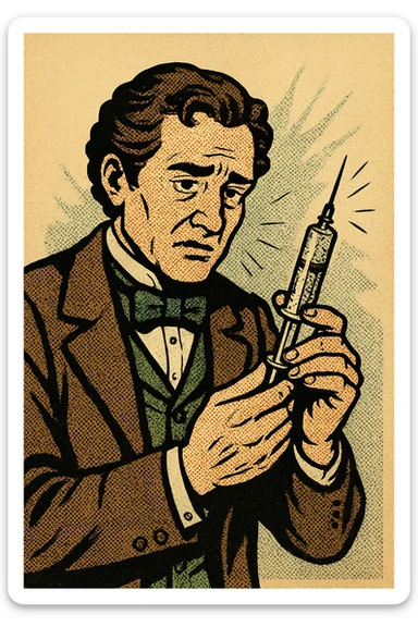A caring looking victorian doctor holding a vaccination sticker