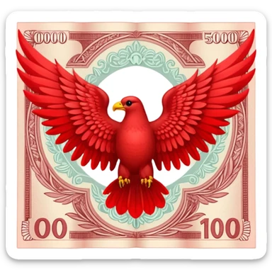 A 5000 ruble banknote with red color and wings sticker