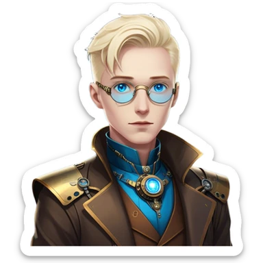 Dr. Numen Oppen is a rogue quantum physicist turned cybernetic oracle. He exudes elegance, mystery, and futuristic sophistication, standing against the neon skyline of a cyberpunk city, with striking blue eyes and a refined, brass-accented steampunk outfit.  sticker