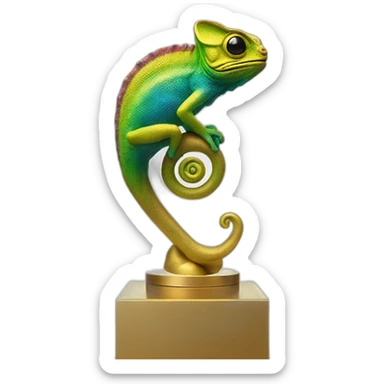 Modern full high resolution color chameleon statue on golden pedestal, close-up view sticker