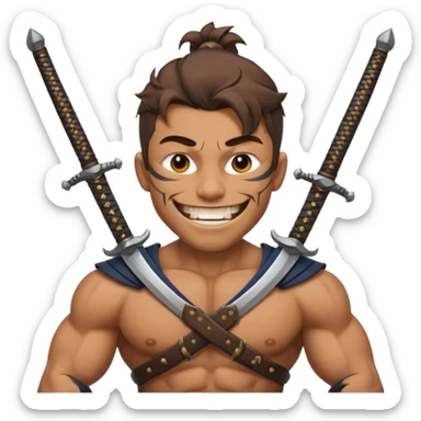 Haz que tenga una sonrisa epica una cicatriz en el ojo serrado y una espada entre los dientes y dos más a cada lado. sticker