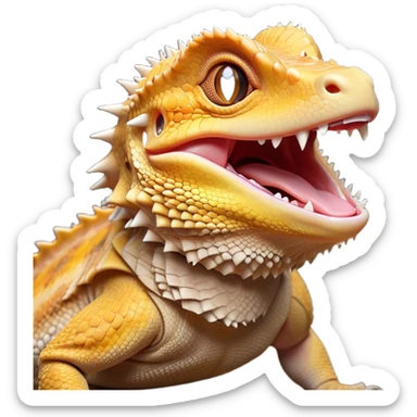 Cinematic Cute Yawning Bearded Dragon Portrait Emoji, Head tilted slightly with a dramatic, wide-open yawn, showcasing a soft, textured scaled hide with its spiky beard partially drooped and eyes barely open in drowsy contentment, Simplified yet irresistibly adorable features, highly detailed, glowing with a soft, cozy glow, high shine, relaxed yet expressive, stylized with a touch of reptilian whimsy, bright and endearing, soft glowing outline, capturing the essence of a sleepy yet affectionate dragon, so drowsy it feels like it could stretch out of the screen and curl up for a nap! sticker