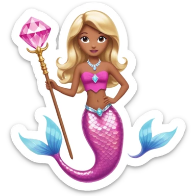 Brown skin blonde hair barbie mermaid with pink diamond tail and wand  sticker