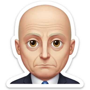 Steven Miller, Trump advisor, bald, very grim expression, very narrow face, pronounced sagging eyelids on the outer sides, bottom lip sticking out sticker