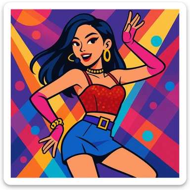 K-pop girl, glamorous performance outfit, bold accessories, dynamic dance pose, vibrant colors, vibrant toon style, colorful, dynamic lighting sticker