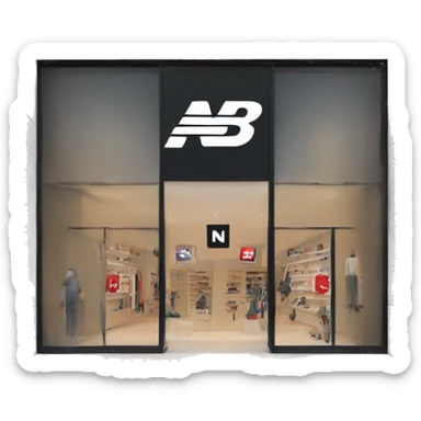 “New Balance store exterior with a clean, modern facade, the iconic ‘N’ logo, large windows showcasing athletic footwear, and a minimalist entrance.” sticker