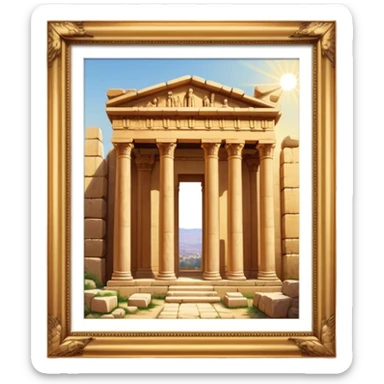 Baalbek temple – Cinematic Realistic Baalbek Temple, depicted as an ancient Roman temple complex with towering columns and intricately carved stone details, bathed in golden sunlight and dramatic shadows that evoke timeless historical grandeur. sticker