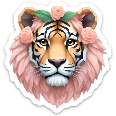 Pixel art of a pixel pink peach beige blue cream pastel pixel tiger pixel lion wearing tropical flowers and leaves, flower crown, floral, pixel sticker