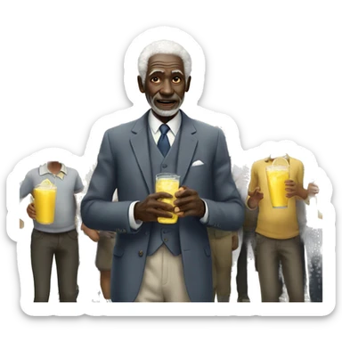 Old African man in a suit with white hair looking over a crowd of children drinking lemonade sticker