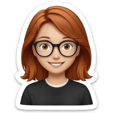 red-brown haired girl, middle length straight hair - wavy towards the ends, brown almond eyes, thick black glasses, oversized shirt sticker